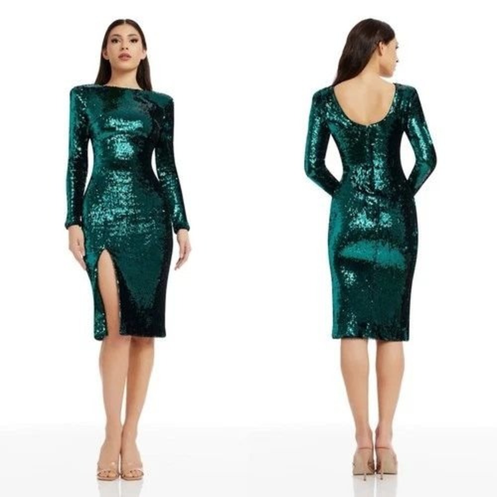 Dress The Population Natalie Sequin Midi Dress Deep Emerald Green V-Back Size M